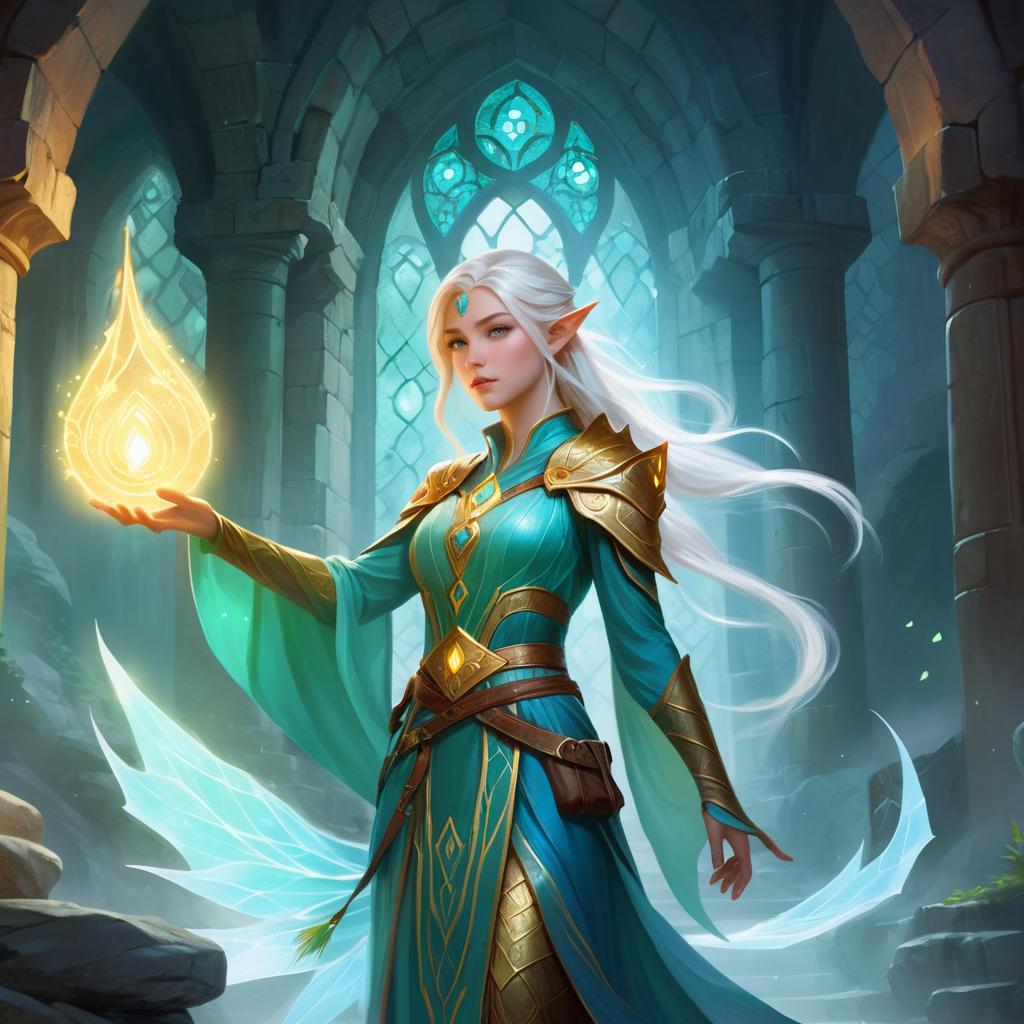 Ethereal Elven Mage in Ancient Ruins