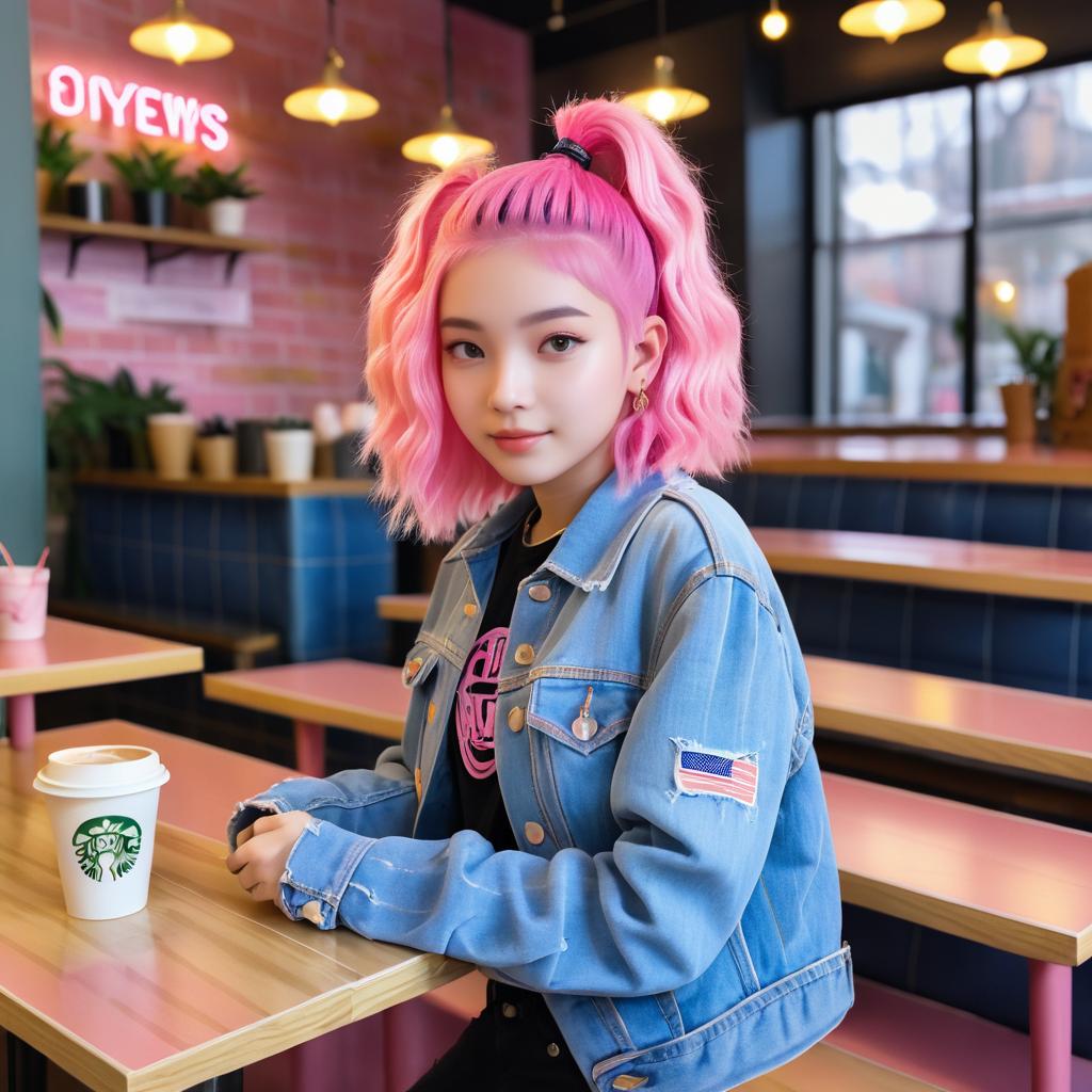 Teenager in Denim Jacket at Coffee Shop