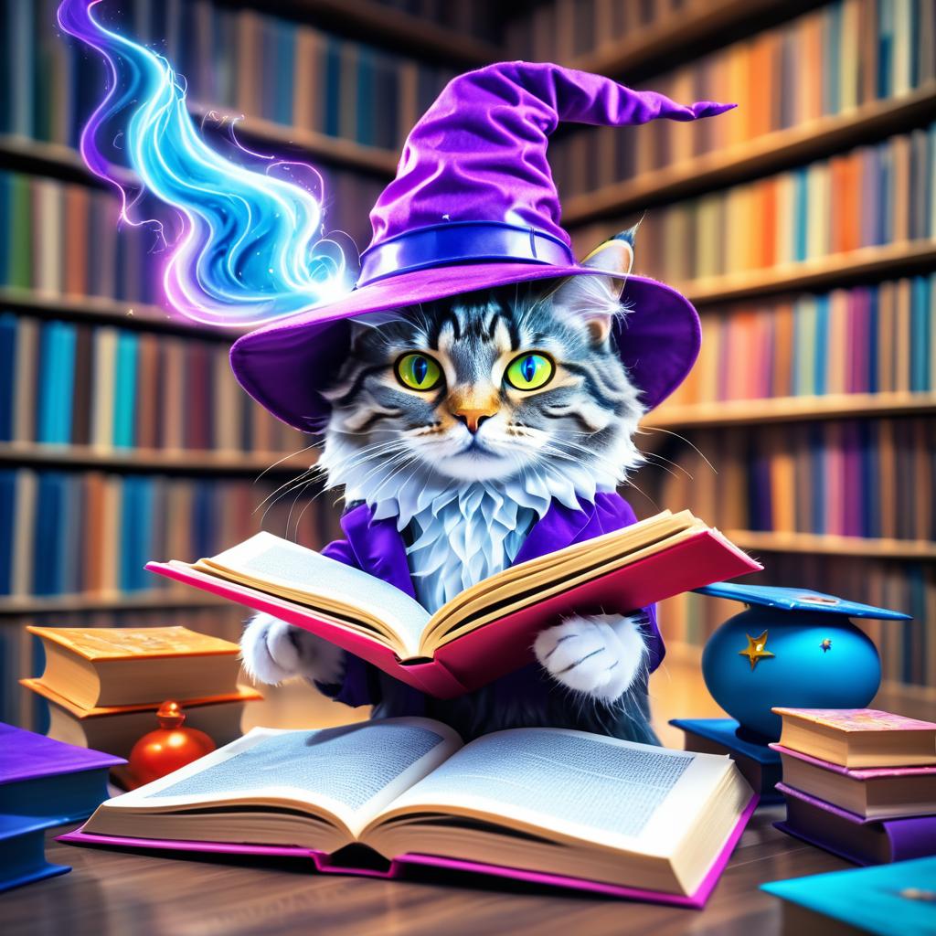 Whimsical Cat Wizard Reading a Book