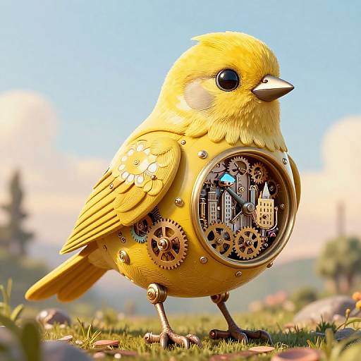 Steampunk Clockwork Sparrow with City