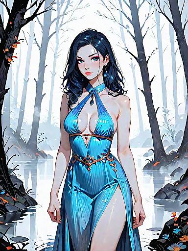 Dark Fantasy Woman in Blue Halter Dress in Foggy Forest
