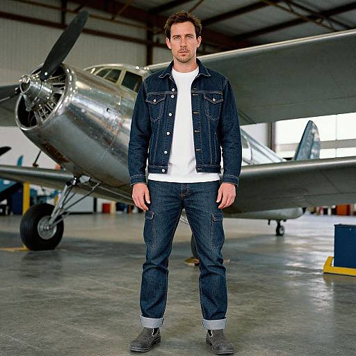 Photograph of a man with short brown hair, wearing a black denim jacket, white shirt, and dark jeans, standing in front of a shiny silver
