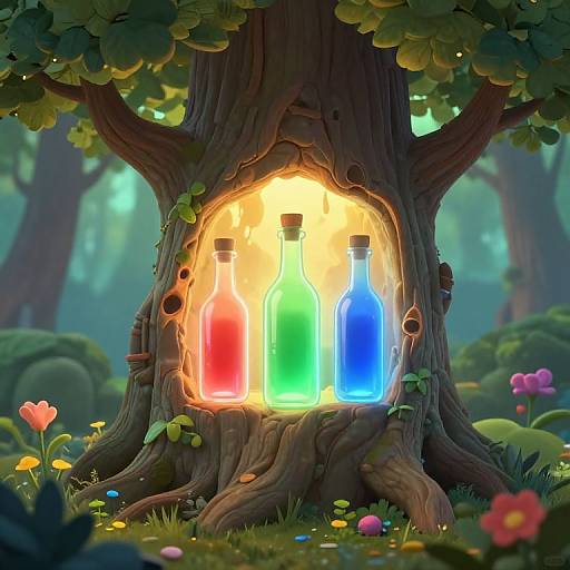 Whimsical forest scene: glowing red, green, and blue bottles in a magical, hollow tree, surrounded by vibrant flowers and lush greenery.
