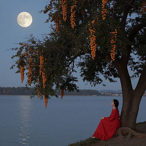 Photograph of a woman in a red dress, sitting under a tree with orange fruit, gazing at a full moon over a calm lake.