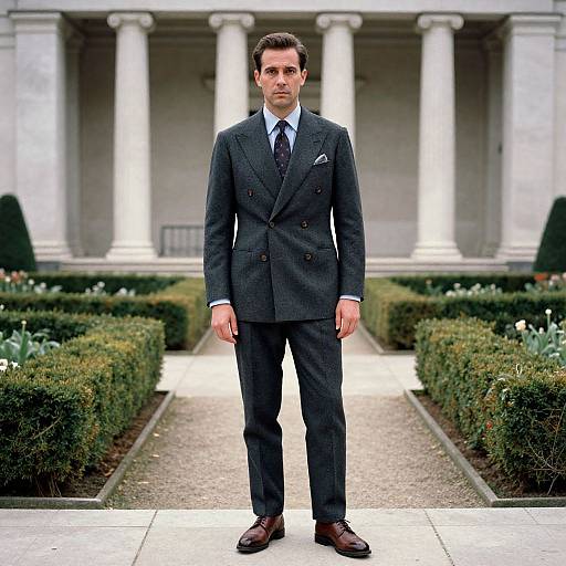 Photograph of a serious, dark-haired man in a dark gray double-breasted suit, white shirt, blue tie, standing in front of a classical