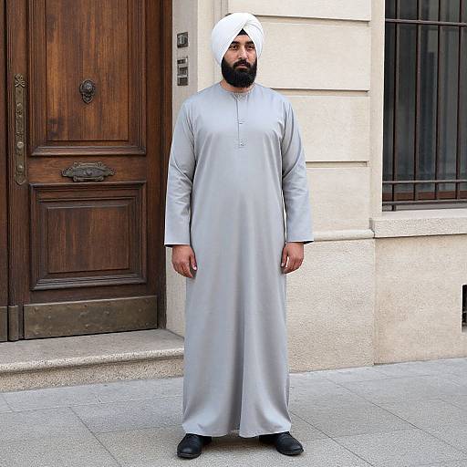 Photograph of a bearded South Asian man in white traditional long kurta and turban, standing in front of a wooden door.