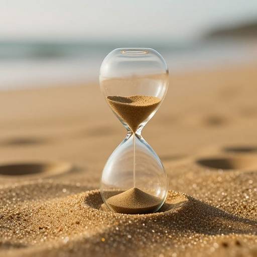 Photograph of a clear glass hourglass with sand, standing on a sunlit, golden sandy beach with blurred ocean waves in the background.