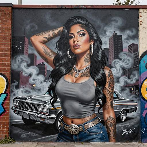 Intricate Chicano Art: Tattooed Woman & Lowriders