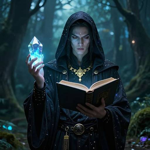 Digital artwork of a mysterious, pale-skinned sorceress with dark hood and glowing blue crystal, reading an ancient book in a mystical, blue-l