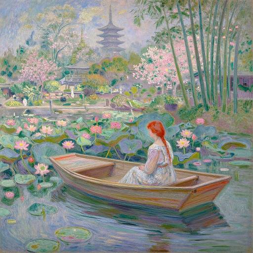 Impressionistic Red-Haired Woman in Lotus Boat