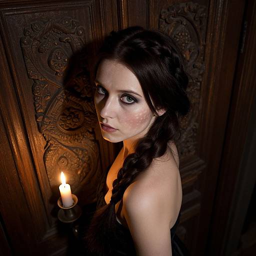 Photograph of a pale-skinned woman with dark braided hair, intense blue eyes, and flushed cheeks, standing against ornate wooden doors, lit