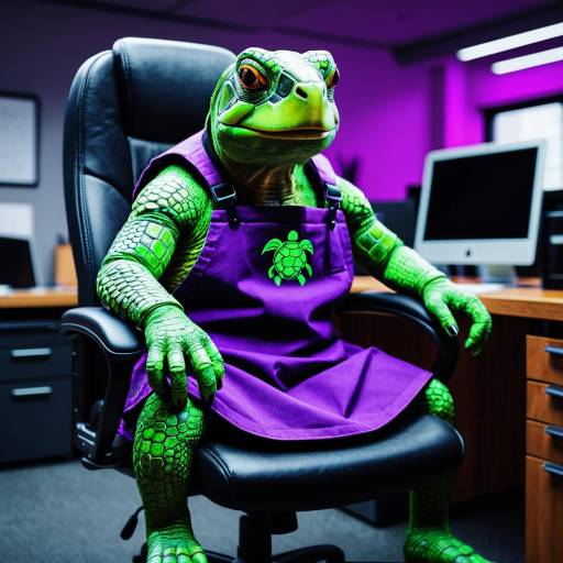 Cashier Turtle in Purple Apron Sitting in Office Chair