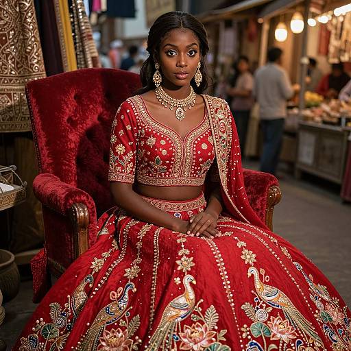 Photograph of a beautiful Black woman with dark skin, wearing an elaborate red and gold traditional Indian bridal outfit, seated on a red velvet chair in a