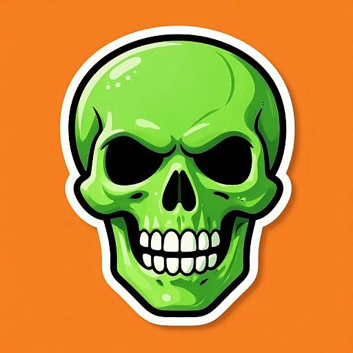 Bright green cartoon skull with black eye sockets and teeth, outlined in black, against an orange background. Digital art style.
