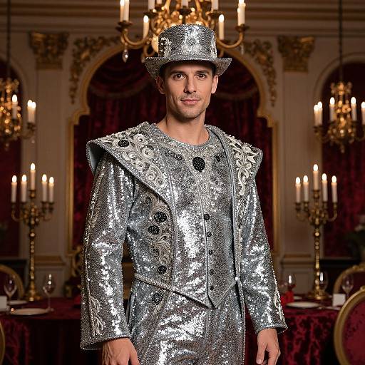 Photograph of a man in a shimmering silver sequin suit and matching hat, standing in an ornate, candlelit room.