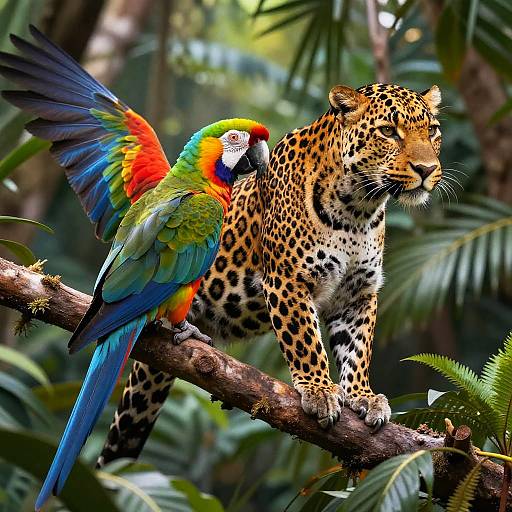 Photograph of a vibrant macaw with rainbow feathers perched beside a spotted jaguar on a tree branch in a lush jungle.