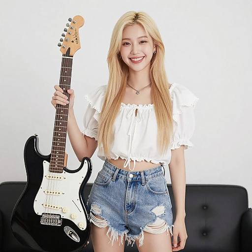 Smiling Woman with Electric Guitar