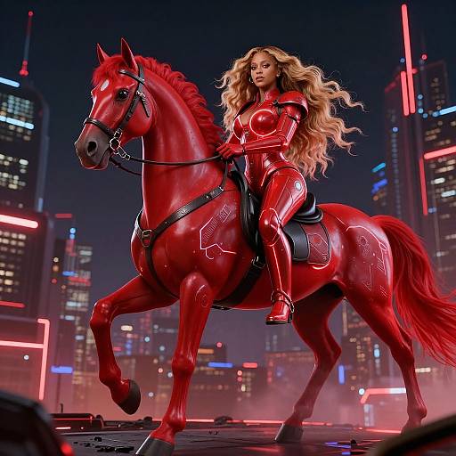 Digital art of a blonde woman in a shiny red latex suit riding a red horse with neon cityscape background.