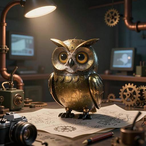 Whimsical Steam Owl in Retro Workshop
