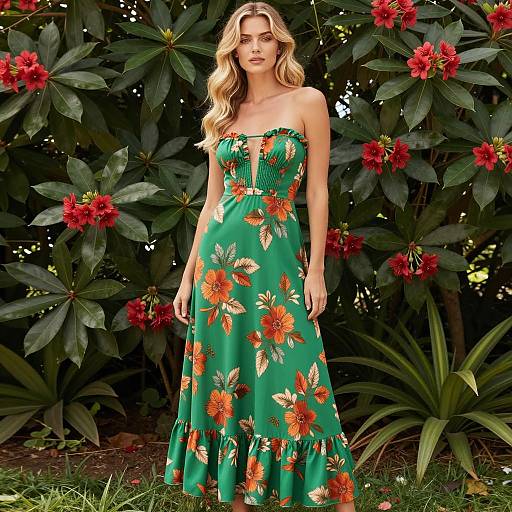 Blonde Woman in Green Floral Dress in Garden