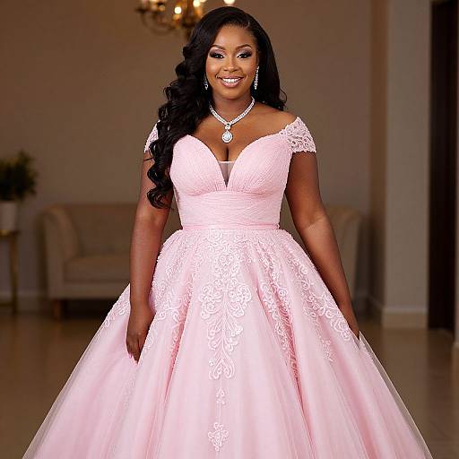 Photograph of a smiling African-American woman with long black hair in an off-shoulder, lace pink ball gown, standing in a softly lit room