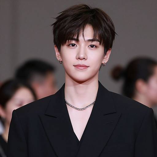 Photograph of a young Asian man with fair skin, black hair, wearing a black blazer, silver chain necklace, and earrings, smiling subtly against