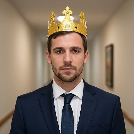Photograph of a serious-looking bearded man in a black suit and tie, wearing a gold crown, standing in a blurred hallway.