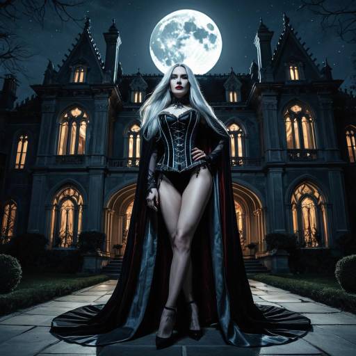 Elegant Vampire in Cape and Corset at Gothic Mansion