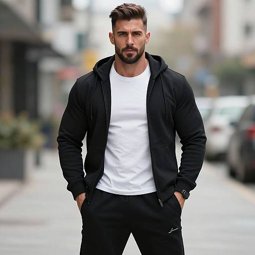 Photograph of a handsome, bearded man with short brown hair, wearing a white t-shirt, black jacket, and black pants, standing confidently on