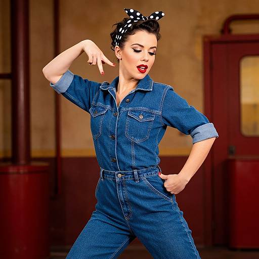 Vintage-style photograph of a fair-skinned woman with dark hair, red lipstick, wearing a blue denim jumpsuit and polka-dot headband, striking