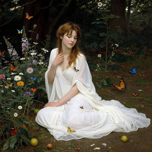 Photograph of a fair-skinned, brown-haired woman in a flowing white dress, sitting among vibrant flowers and butterflies in a dark, forested garden