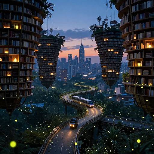 Photograph-style digital art: futuristic cityscape at dusk with towering, tree-topped buildings framing a winding highway, neon lights, and a sunset sky