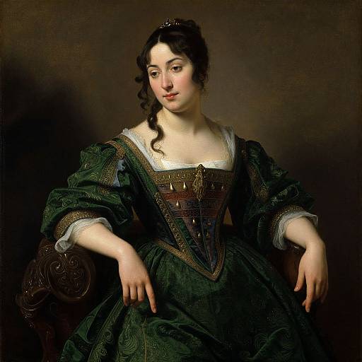 Baroque-style oil painting of a pale-skinned woman with dark curly hair, wearing an ornate dark green dress with gold trim, seated against a