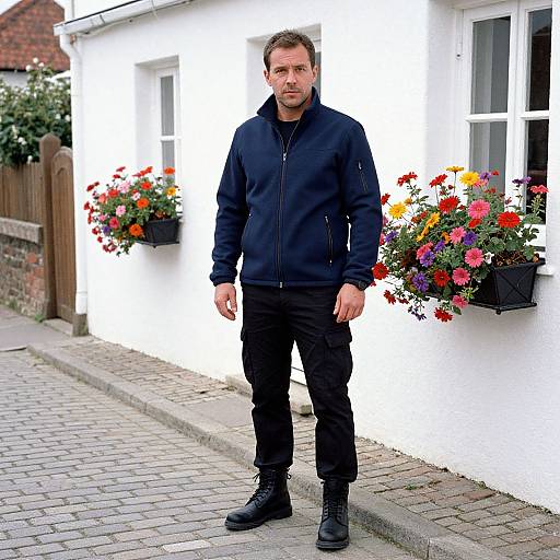 Photograph of a serious, middle-aged man with short brown hair, wearing a black jacket, pants, and boots, standing on a cobblestone