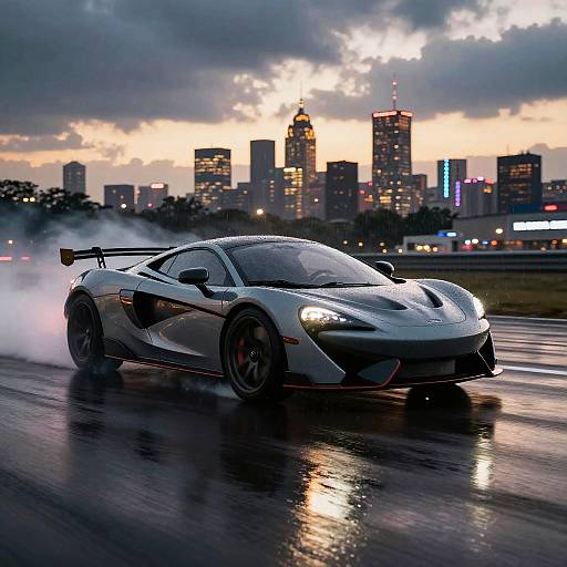 Photograph of a sleek, white sports car with black accents speeding on a wet racetrack at dusk, with a city skyline and illuminated skyscrap