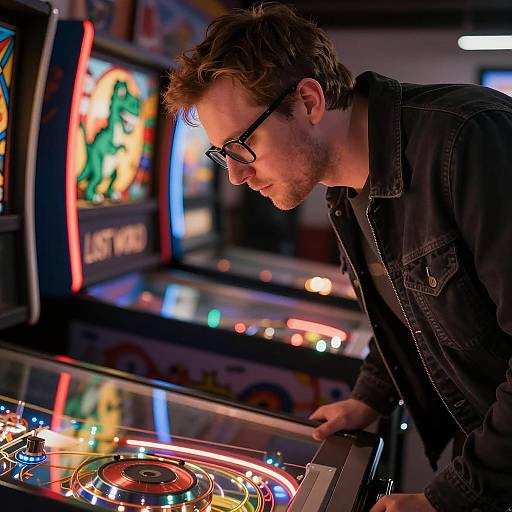 Vintage Pinball Enthusiast in Dramatic Lighting