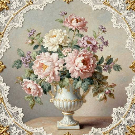 Vintage-style digital painting of a white porcelain vase with pink and white roses, purple flowers, and green leaves, framed by ornate gold and lace borders