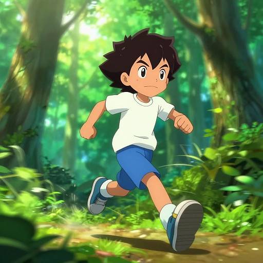 Digital anime-style drawing of a young boy with spiky black hair, wearing a white shirt, blue shorts, and white sneakers, running through a vibrant