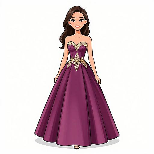 Digital illustration of a smiling woman with long brown hair wearing a strapless, deep purple ball gown with gold embroidery, standing against a white background.