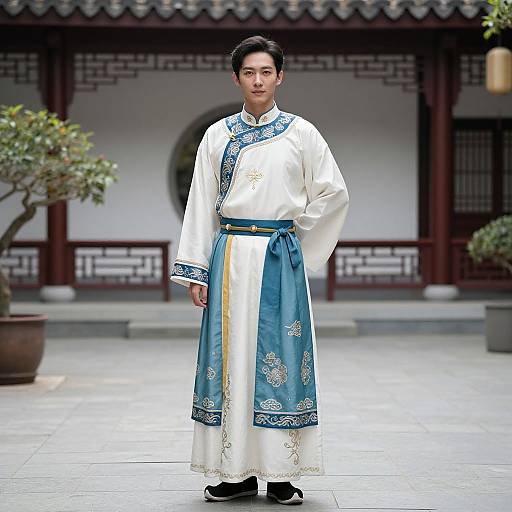 Photograph of an Asian man in traditional Korean hanbok, white and blue with intricate patterns, standing in a courtyard with traditional architecture.