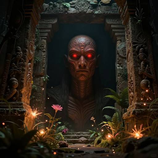 Digital artwork of a dark, eerie temple entrance with a large, glowing red-eyed, detailed stone head in the center, surrounded by illuminated flowers and vines
