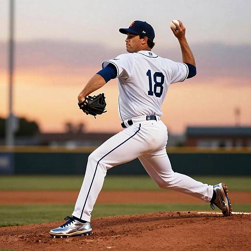 Photograph of a male baseball pitcher in mid-throw, wearing a white uniform with blue accents, number 10, on a dirt mound at sunset