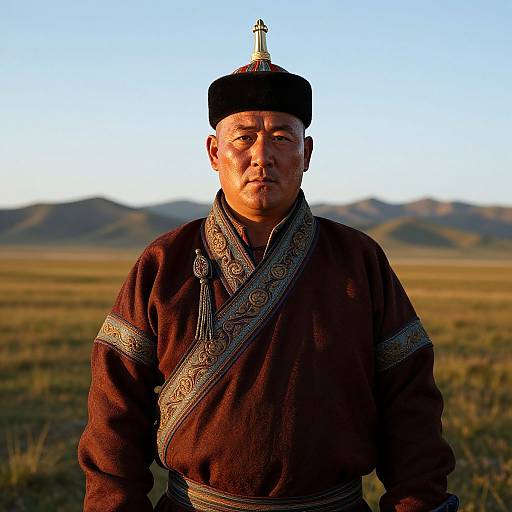 Photograph of an elderly Asian man with tan skin, wearing a black fur hat and intricately patterned brown robe, standing in a grassy field