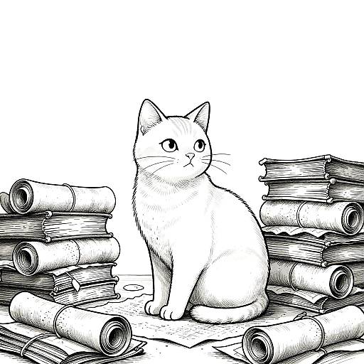 Whimsical Cat in Ancient Study