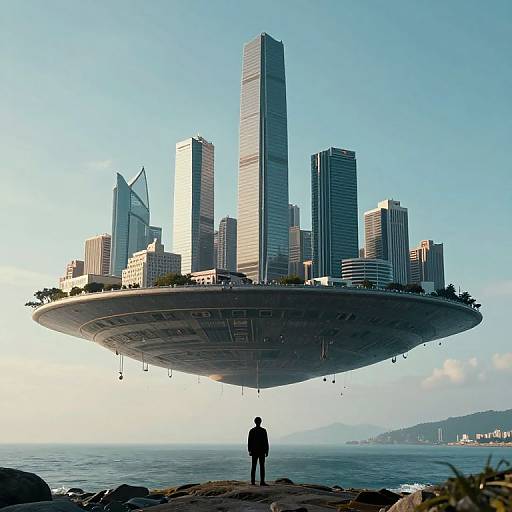 Photograph-style CGI of a futuristic cityscape floating above the ocean, with a solitary figure standing on a rocky shore, gazing up at the towering