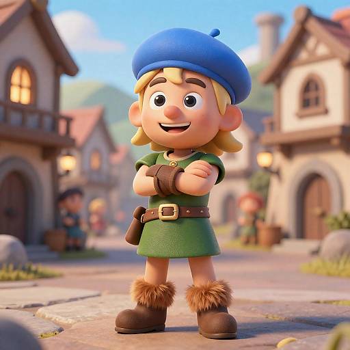 Cheerful Cartoon Character in Medieval Village