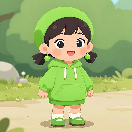 Cartoon-style drawing of a cute, smiling child with black pigtails, wearing a green hoodie, hat, earrings, and matching shoes, standing