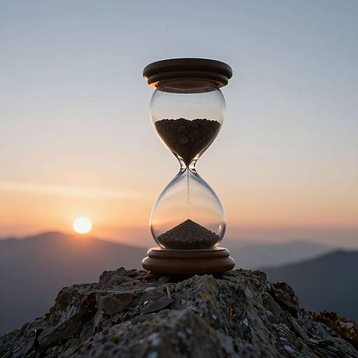 Photograph of a glass hourglass with sand on a rocky peak, sun setting in the background, creating a serene, twilight sky.