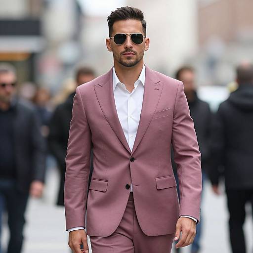 Photograph of a handsome man with dark hair and beard, wearing a pink suit, white shirt, and aviator sunglasses, walking confidently in a blurred