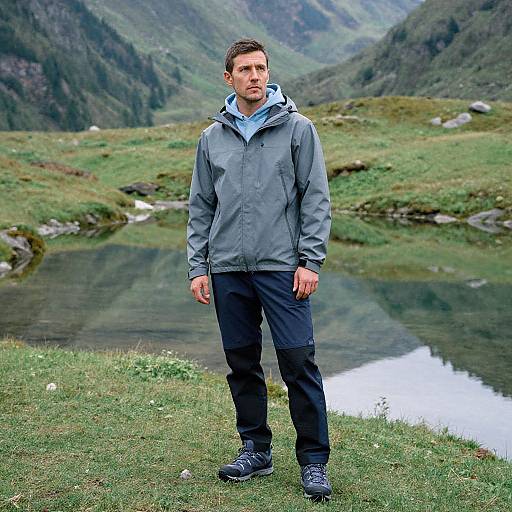 Photograph of a serious-looking man with short brown hair, wearing a gray jacket, black pants, and black shoes, standing by a reflective mountain lake